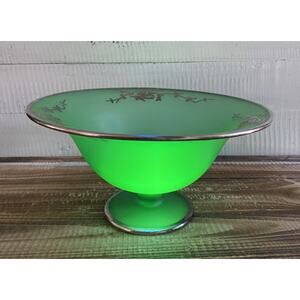Tiffin Uranium Green Satin Glass Rockwell Silver Overlay Centerpiece Bowl Floral